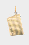The Meadow Check pouch in beige and light green gingham hangs from a wooden hook against a plain light gray background.