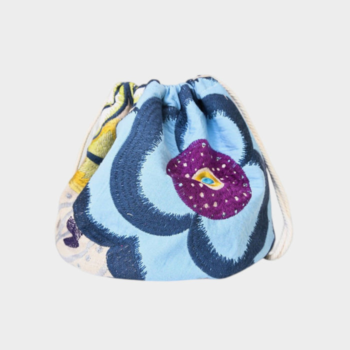 Drawstring pouch with floral pattern on a white background