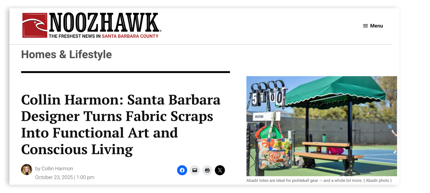Noozhawk website article by Collin Harmon about Santa Barbara designer Abadir turning fabric scraps into functional art.